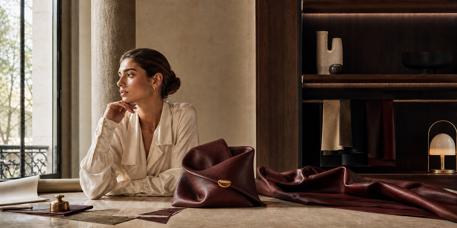 KELYQA atelier scene with a sculptural handbag and clasp on the table